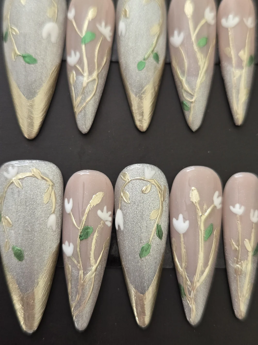 Hand Crafted Nude, Silver & Gold Floral Press-On Nails